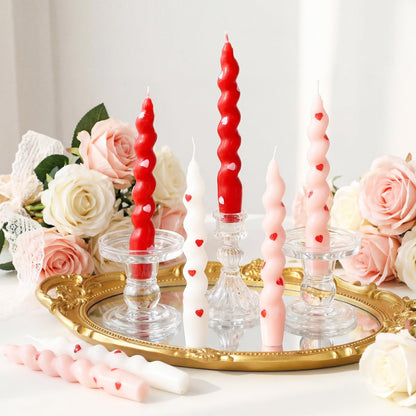 Threlaco 12 Pcs Valentine Spiral Twisted Candles 10 Inch Heart Twisted Taper Candle Red Pink White Unscented Swirl Candlesticks for Wedding Anniversary Holiday Dinner Table Home Kitchen Party Decor