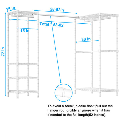 ULIFHOME E10L L-Shaped Clothes Rack for Corner（With Expandable Hanger Rod）Heavy Duty Freestanding Clothing Racks for Hanging Clothes，Portable Garment Rack 58-82"W x 30"D x 72"H，Max Load 900LBS, White