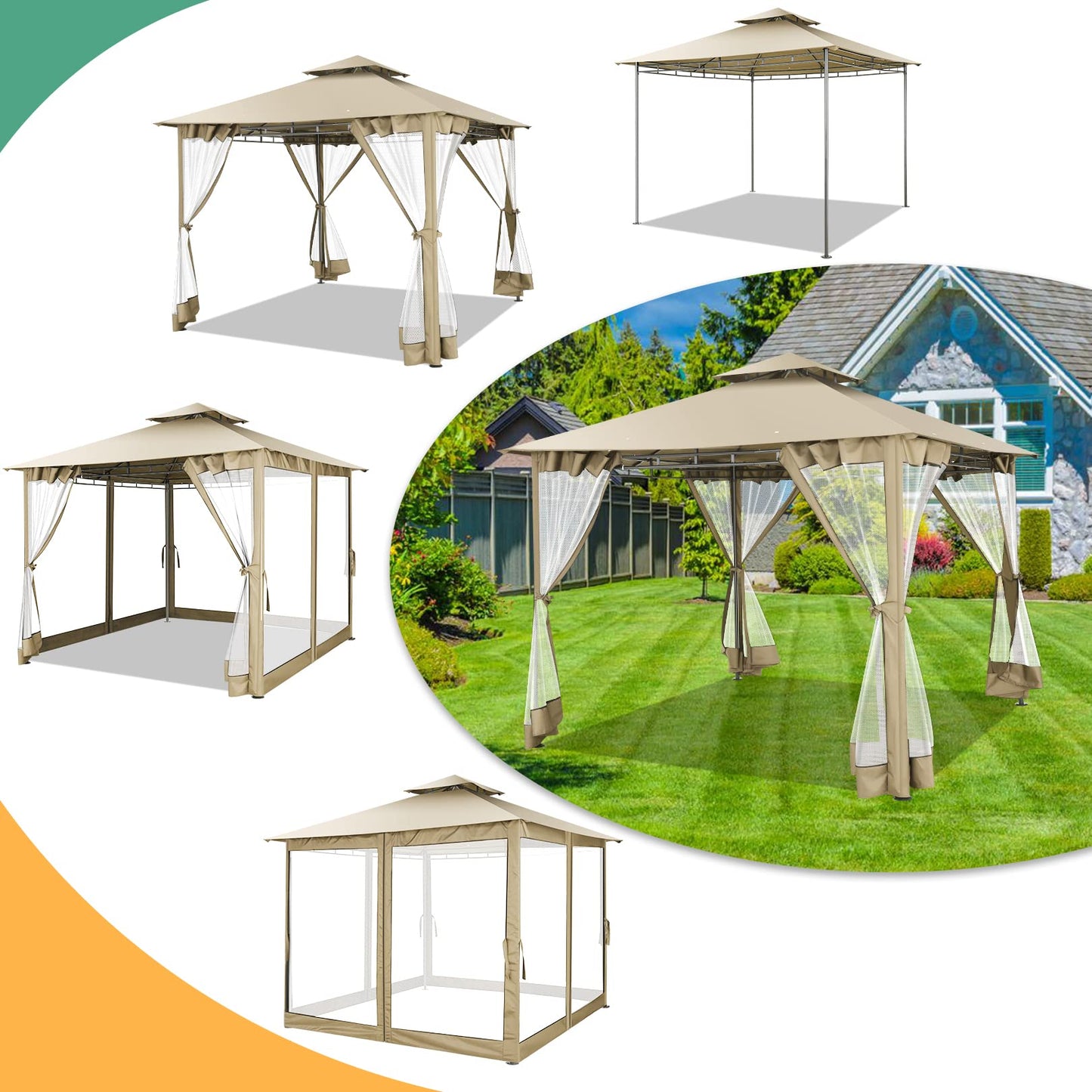 HOTEEL 10’x10’ Gazebo on Clearance, Waterproof Outdoor Gazebo with Mosquito Netting, Double Roof and Heavy Duty Durable Frame, All Weather Easy Assembly for Patio, Backyard, Garden, Windproof