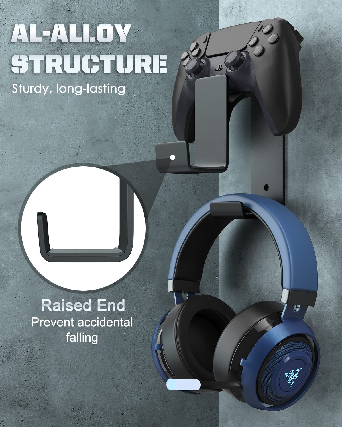 MoKo Controller Holder, Dual Gamepad Controller & Headphone Hanger for Xbox One, Xbox 360, PS3, PS4, PS5, PC, STEAM, Switch/Switch 2, Wall Mount Stand for All Universal Headsets, Black