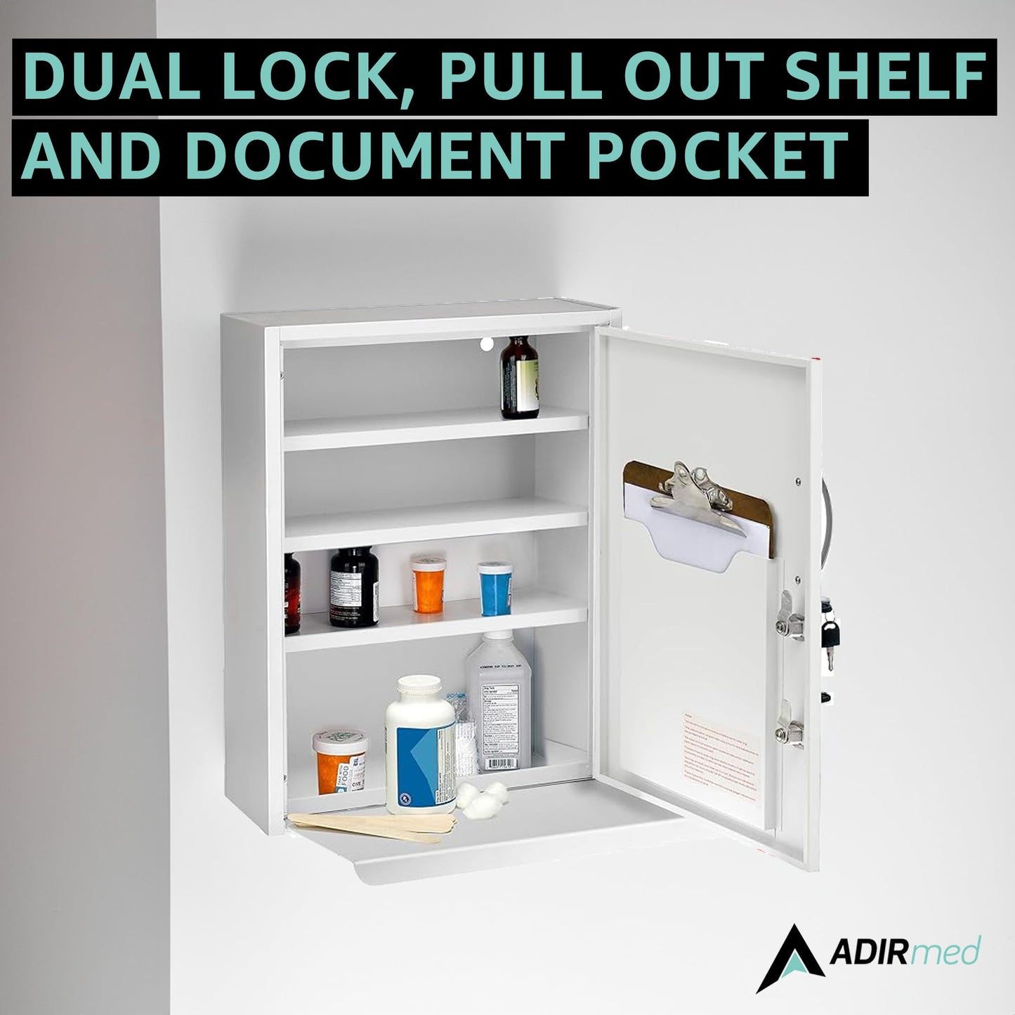 AdirMed White Locking Medication Cabinet with Document Pocket, Metal Wall Mounted Medication Cabinet with Dual Lock and Dual Keys, 21" H x 16" W x 6" D