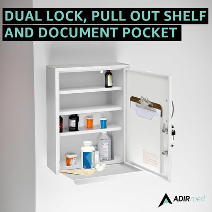 AdirMed White Locking Medication Cabinet with Document Pocket, Metal Wall Mounted Medication Cabinet with Dual Lock and Dual Keys, 21" H x 16" W x 6" D