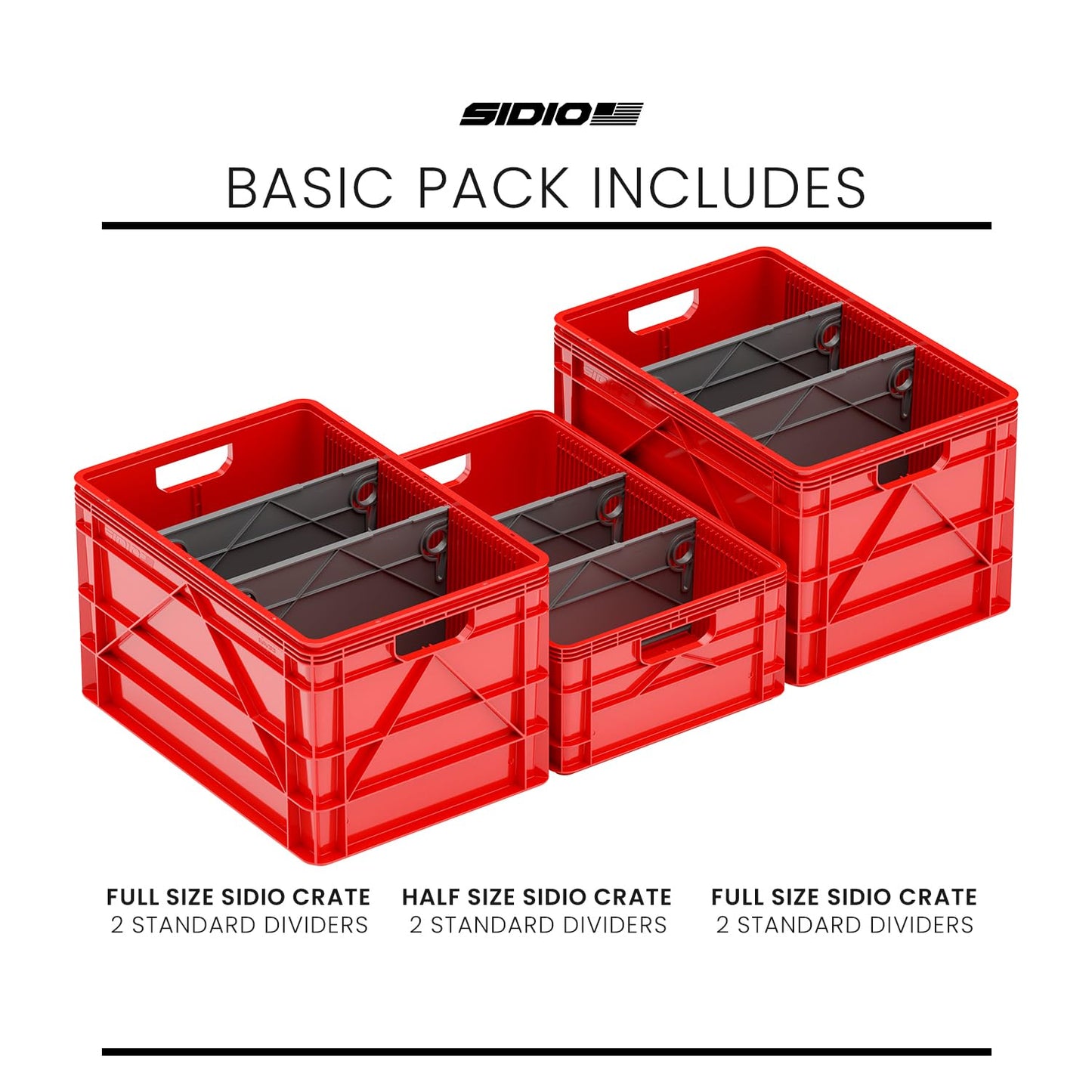SIDIO Crate Basic Pack - 2 Full-Size & 1 Half-Size Heavy Duty Stackable Storage Bins, Totes and Containers with Dividers - Durable Plastic Organizer for Home, Office, Garage, and Outdoor Use