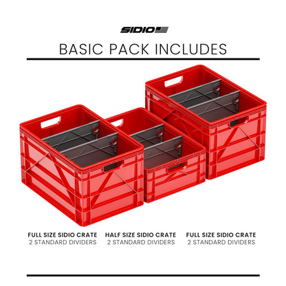 SIDIO Crate Basic Pack - 2 Full-Size & 1 Half-Size Heavy Duty Stackable Storage Bins, Totes and Containers with Dividers - Durable Plastic Organizer for Home, Office, Garage, and Outdoor Use