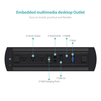 WEBANG Motorized Automatic Recessed Connectivity Box Outlet for Conference Room Table with 3 AC Receptacle, 2 RJ45, 2 USB Charger, 1 USB3.0, 1 HDMI, 1 VGA, Black
