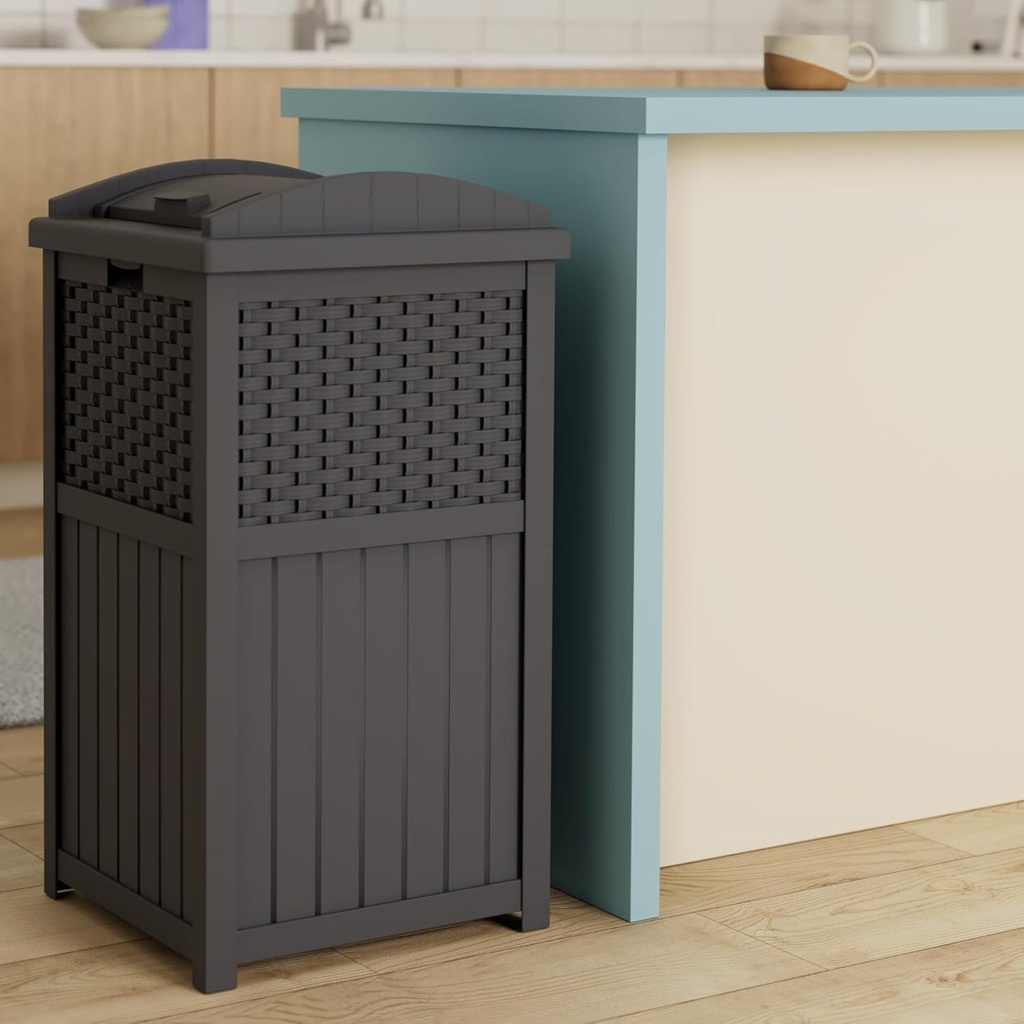 Suncast 33 Gallon Wicker-Style Trash Can - Weather-Resistant with Secure Latching Lid | Cyberspace Grey