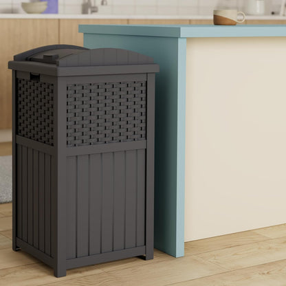 Suncast 33 Gallon Wicker-Style Trash Can - Weather-Resistant with Secure Latching Lid | Cyberspace Grey
