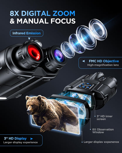 Diyimin 4K Night Vision Binoculars–8X Zoom/2000FT IR/5000mAh, 3'' HD Screen Night Vision Goggles for Adults mit 64GB TF Card, IP65 Waterproof & Tactical Light for Hunting,Camping & Security