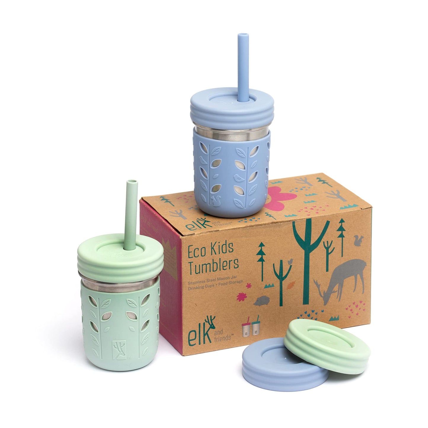 Elk and Friends 10oz Stainless Steel Kids + Toddler Drinking Cups | The Original Mason Jar with Sleeves + Lids | Silicone Straws | Smoothies | Storage Jar | Spill Resistant | Dishwasher Safe | 2 Pack