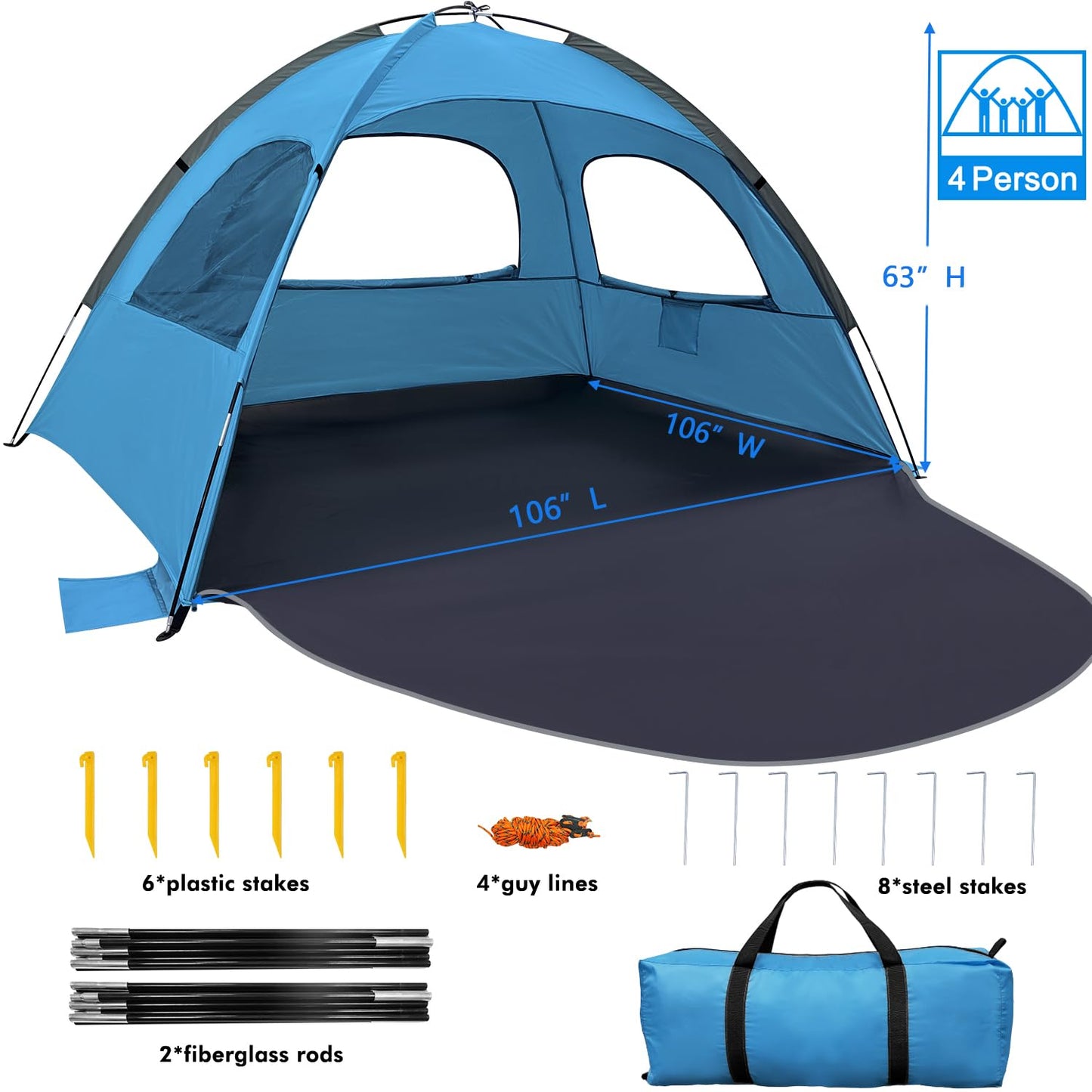 WhiteFang Beach Tent Anti-UV Portable Sun Shade Shelter for 6 Person, Extendable Floor with 3 Ventilating Mesh Windows Plus Carrying Bag, Stakes and Guy Lines (Blue)