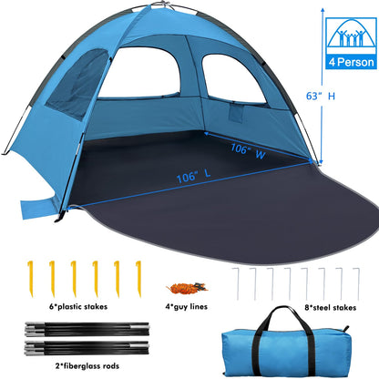 WhiteFang Beach Tent Anti-UV Portable Sun Shade Shelter for 6 Person, Extendable Floor with 3 Ventilating Mesh Windows Plus Carrying Bag, Stakes and Guy Lines (Blue)