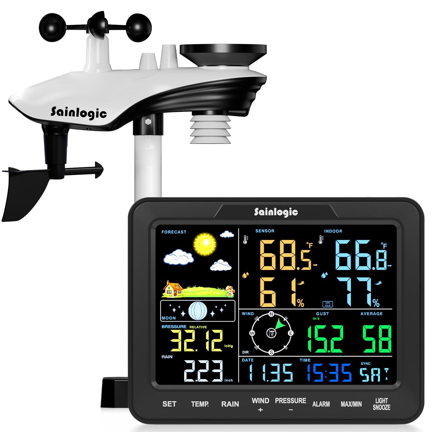 Sainlogic 12-in-1 Weather Stations Wireless Indoor Outdoor, Weather Station with Rain Gauge, Wind Speed/Direction, Outdoor Dew Point, Air Pressure, Barometer,Temperature/Humidity (No WiFi)