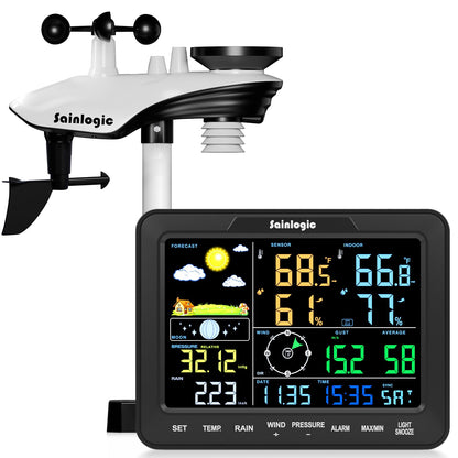 Sainlogic 12-in-1 Weather Stations Wireless Indoor Outdoor, Weather Station with Rain Gauge, Wind Speed/Direction, Outdoor Dew Point, Air Pressure, Barometer,Temperature/Humidity (No WiFi)