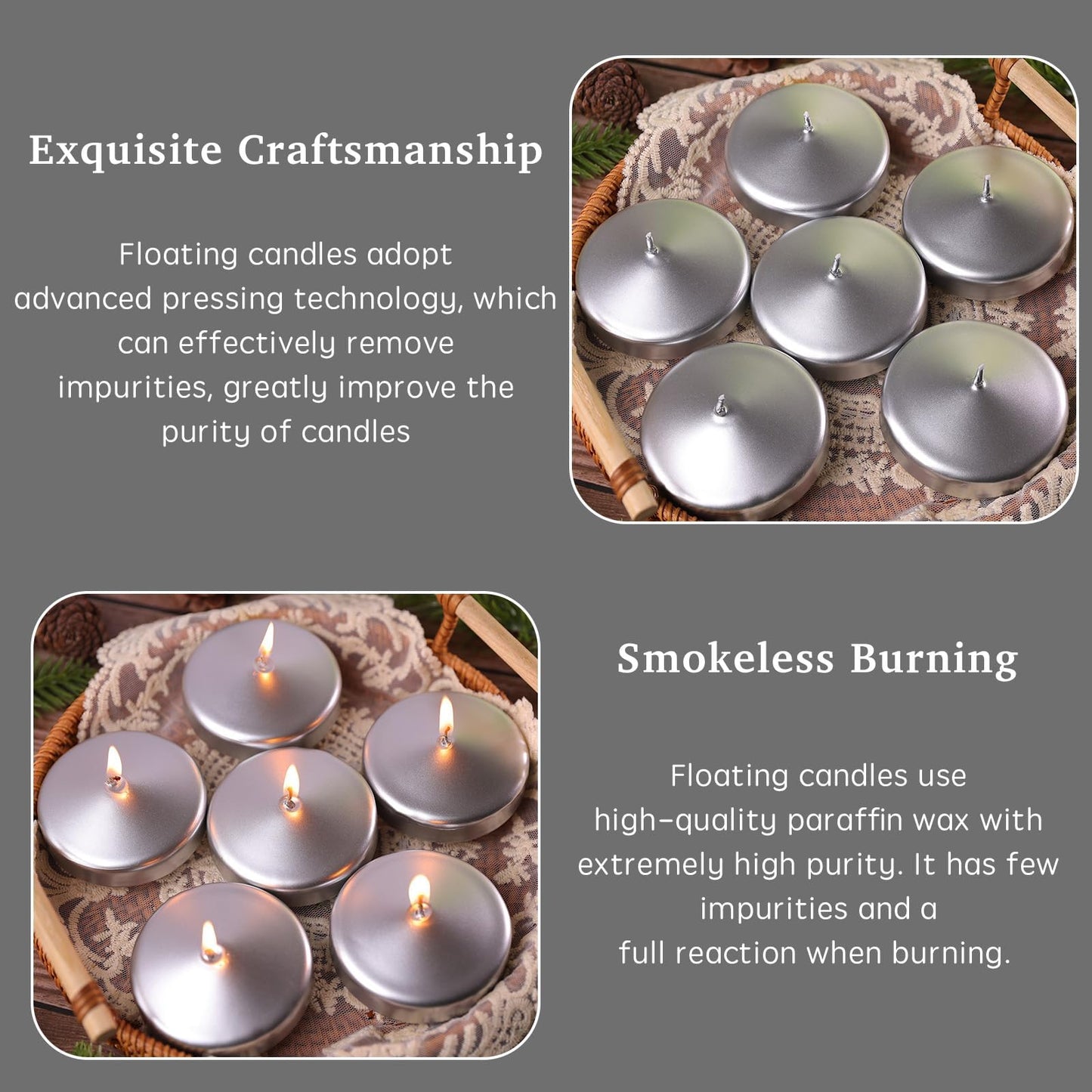 3 inch Silver Floating Candles 8-9 Hours Floating Candle for Centerpieces 36 Packs Unscented Floating Candles 3” Water Candles for Cylinder Vases, Pool, Wedding