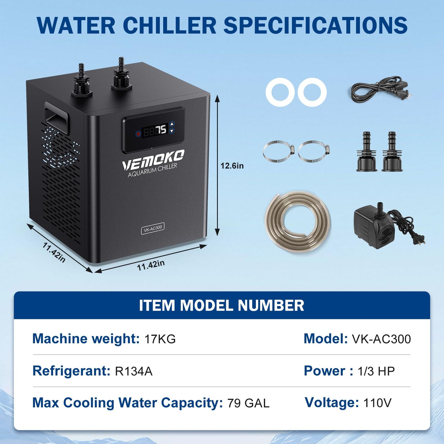 VEMOKO Aquarium Chiller 79 GAL - Water Chiller for Aquarium 1/3 HP Energy Efficient Fish Tank Water Chiller for Axolotl, Coral, Jellyfish, Freshwater & Saltwater Quiet Cold Plunge Chiller 300L