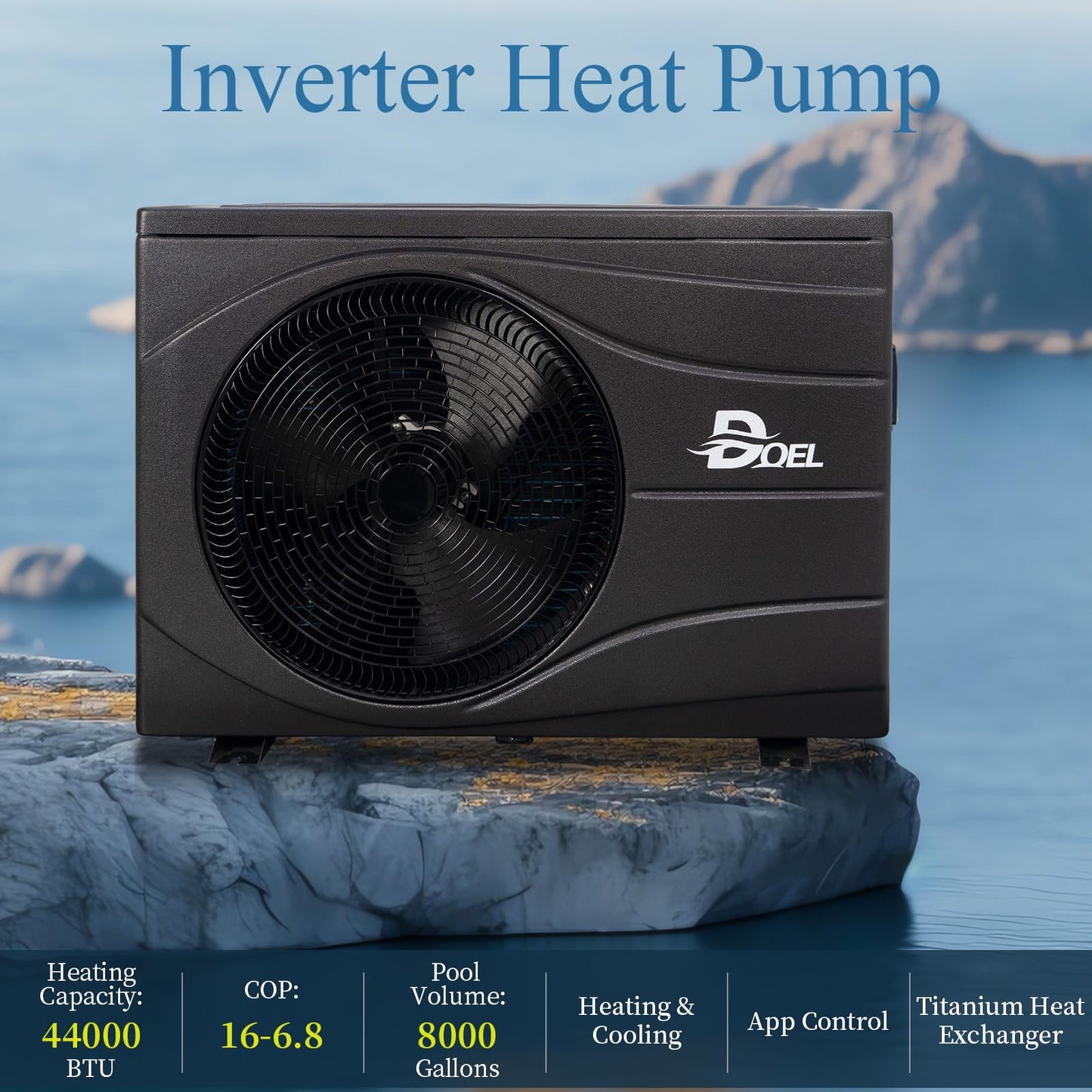 DOEL Swimming Pool Heat Pump, 44000BTU Full DC Inverter Pool Heater for 8000 Gallons Above and In Ground Pools and Spas, 13kW High Efficiency Pool Heater with WiFi Smart Control Panel, 220-240v