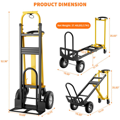 3-in-1 Heavy Duty Convertible Hand Truck, 800 lbs Capacity Dolly Cart with Wheels, Foldable Dolly Cart Converts from Hand Truck Dollys to Platform Carts, for Moving, Shopping, Travel(Yellow+Black)