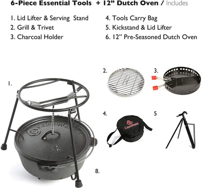 CampMaid Outdoor Cooking Set - Dutch Oven and Tools Set - Charcoal Holder & Cast Iron Grill Accessories - Camping Grill Set - Outdoor Cooking Essentials - Camp Kitchen Equipment - (6 Piece Set)