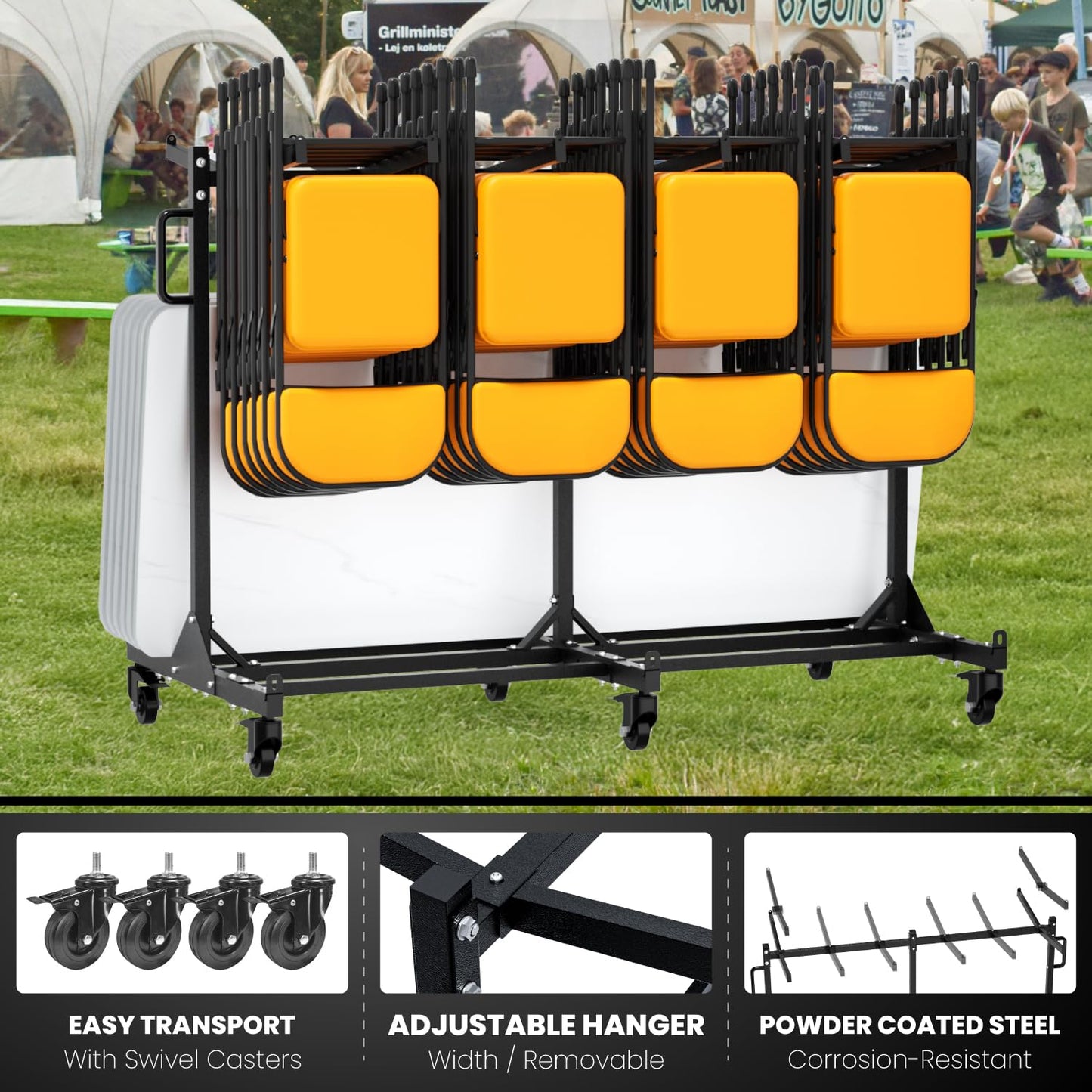 PURRPAXZ Heavy Duty Folding Chair Storage Rack, Foldable Chairs Cart with Lockable Wheels and Straps, 400lbs Weight Capacity, Adjustable Hanger, Folding Chair Dolly for Chairs Up to 42pcs