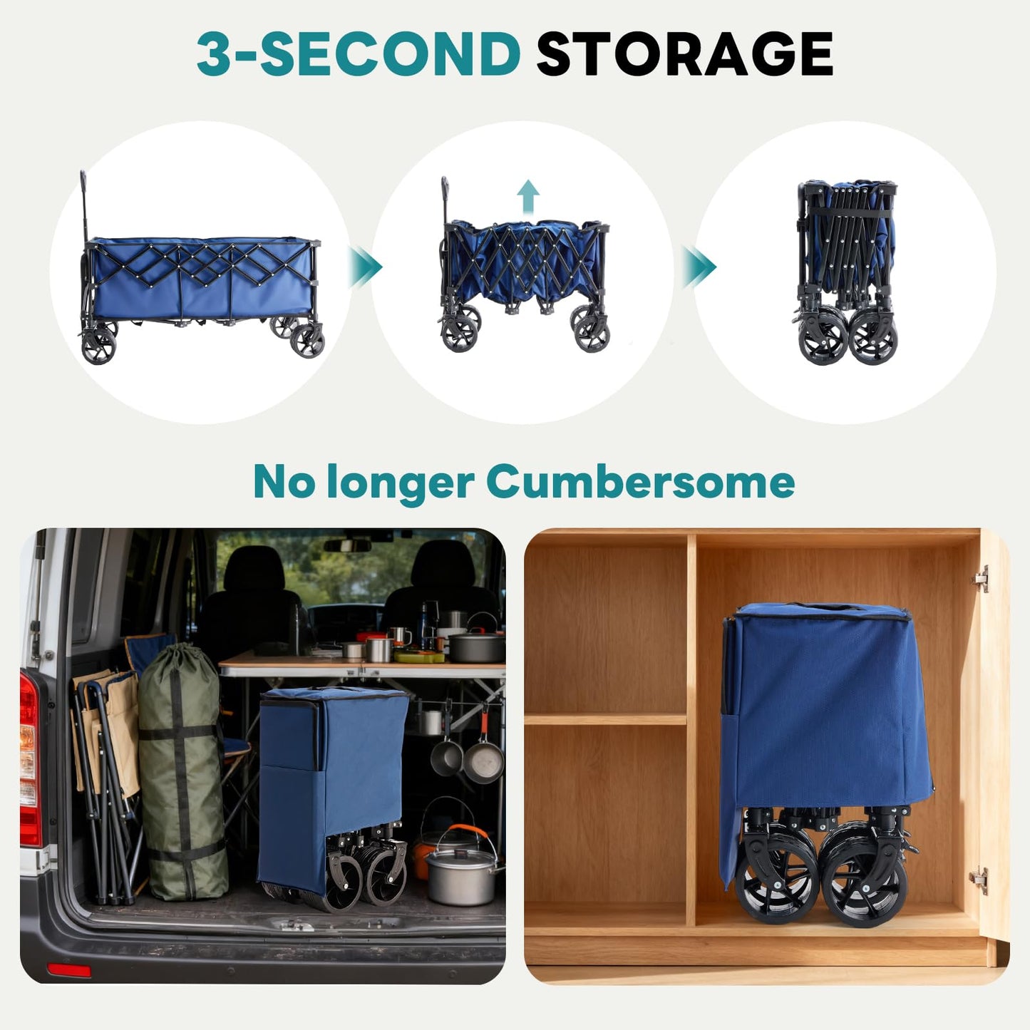 DUMOS 49''L Collapsible Extended Wagon with 440LBS Capacity, Heavy Duty Wagons Garden Cart with All-Terrain Big Wheels & Drink Holders, 250L Foldable Carts for Sports, Shopping, Camping, Blue
