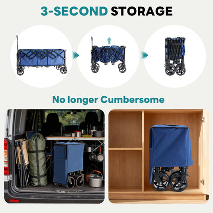 DUMOS 49''L Collapsible Extended Wagon with 440LBS Capacity, Heavy Duty Wagons Garden Cart with All-Terrain Big Wheels & Drink Holders, 250L Foldable Carts for Sports, Shopping, Camping, Blue