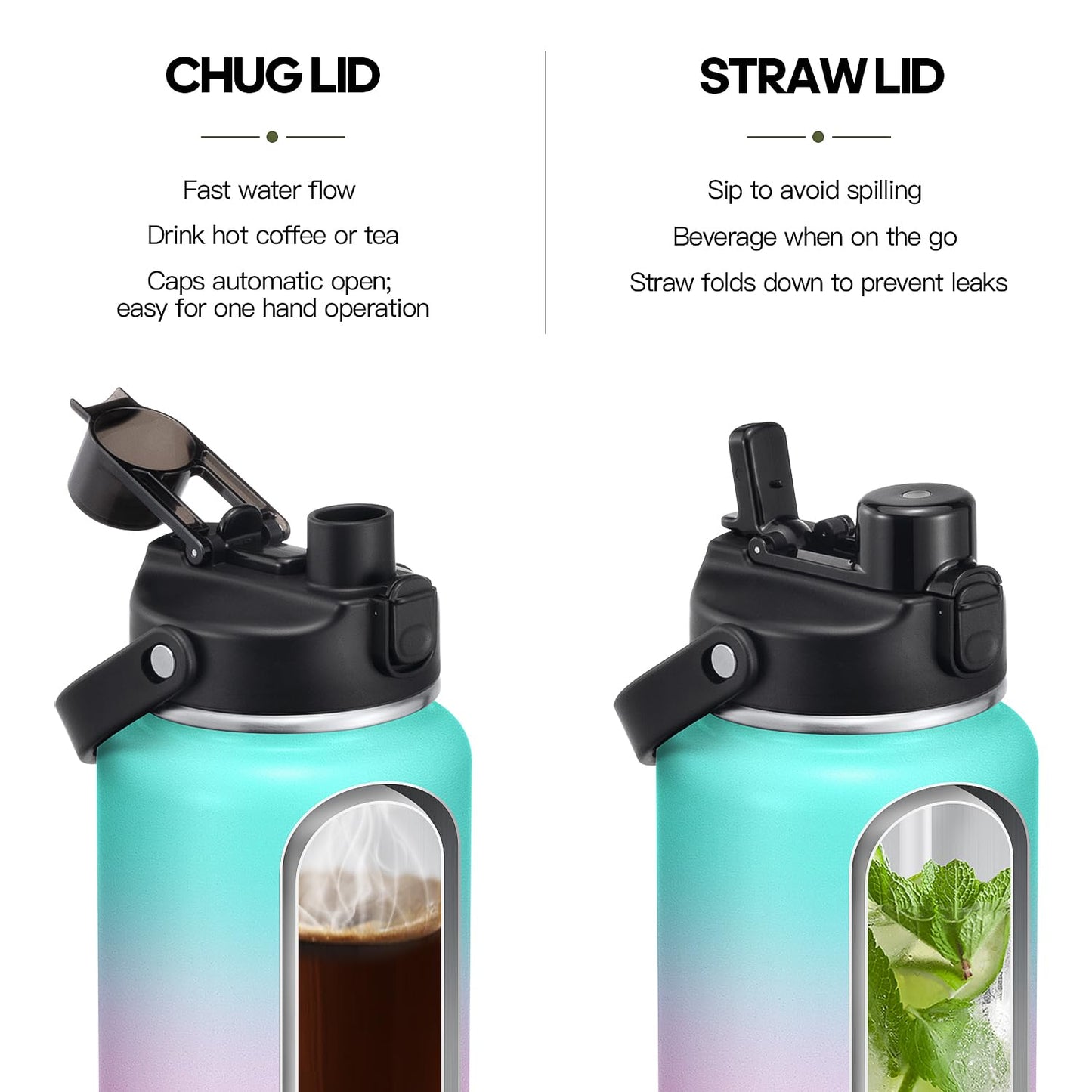 Half Gallon Insulated Water Bottle With 2-in-1 Lid (Chug/Straw), 64oz Double Walled Vacuum Stainless Steel, Wide Mouth Insulated Thermos Water Jug