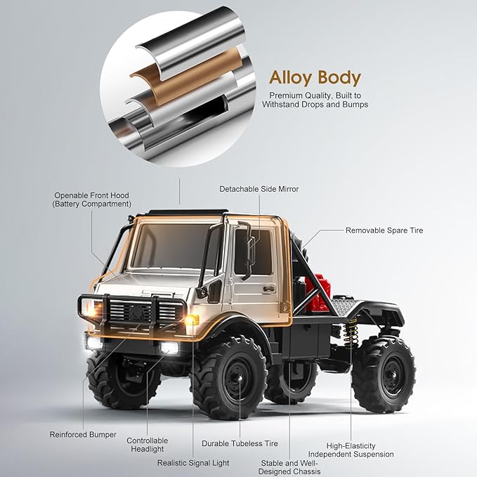 RC Truck 1/18 RC Semi-Trucks MN-333 Unimog Off-Road Rock Crawler 4WD Remove Control Truck RTR Transport Car Alloy Model for Modification Enthusiasts Gifts (Silver)
