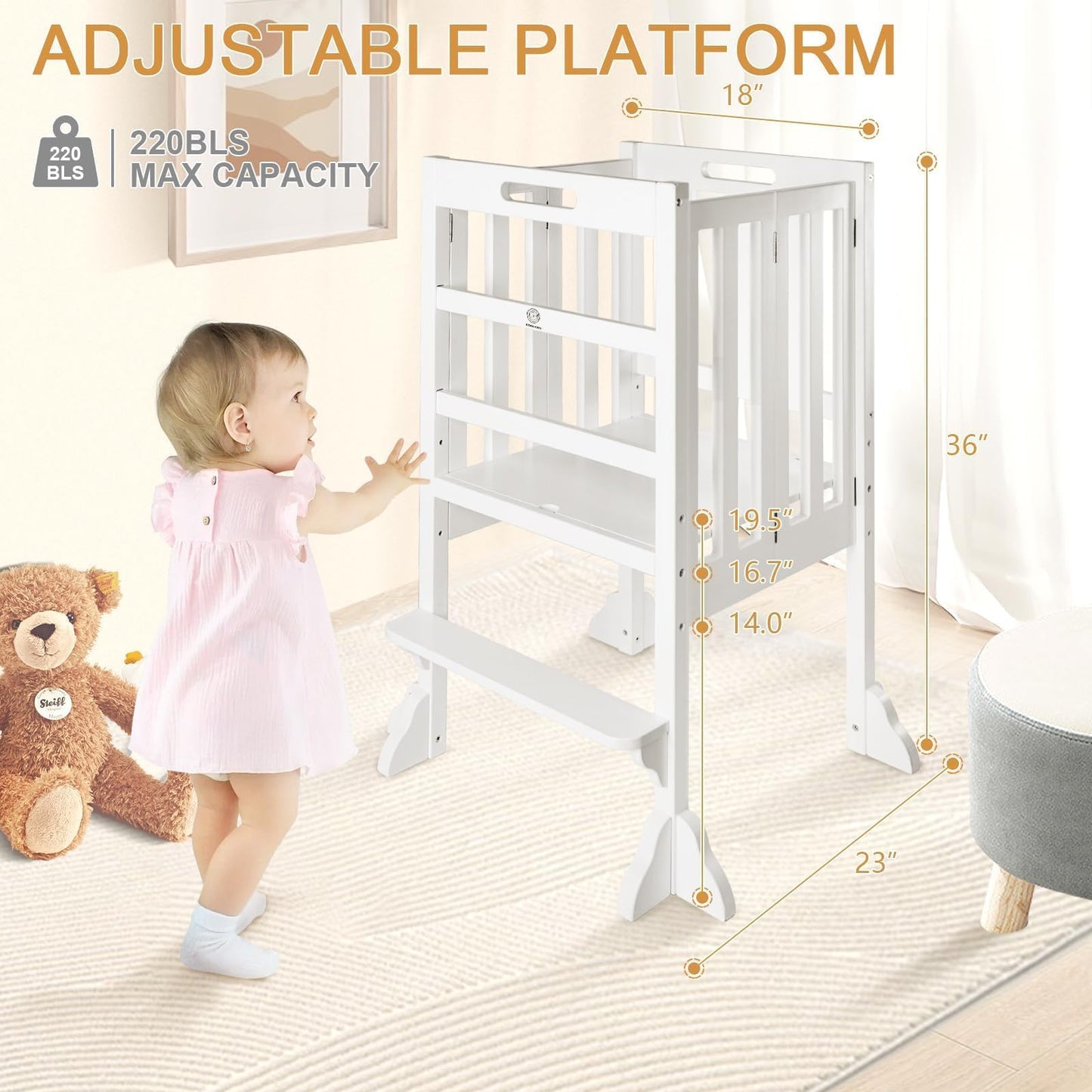 Kitchen Step Stool Helper - WOOD CITY Montessori Foldable Toddler Standing Tower for Toddlers with Safety Rail Height Adjustable Ideal Helper for Learning New Skills Natural Pine Wood (White)