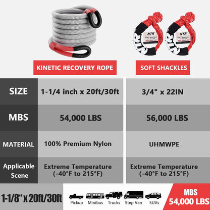 NTR 1-1/4" x 30' Kinetic Recovery Tow Rope (54,000lbs), with 2 UHMWPE Soft Shackles (56,000lbs), Heavy-Duty Offroad Snatch Strap, Vehicle Recovery kit for Jeep car Truck ATV UTV SUV, Grey