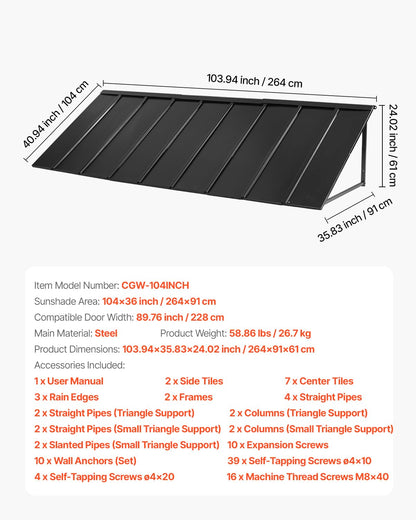 VEVOR Fixed Metal Awning 104 x 36 in, Window Awning Door Canopy, Stable Triangle Steel Frame Awnings for Doors Exterior Rain, Snow & Sunlight Protection for Door Entrance, Windows, Porches, Balconies