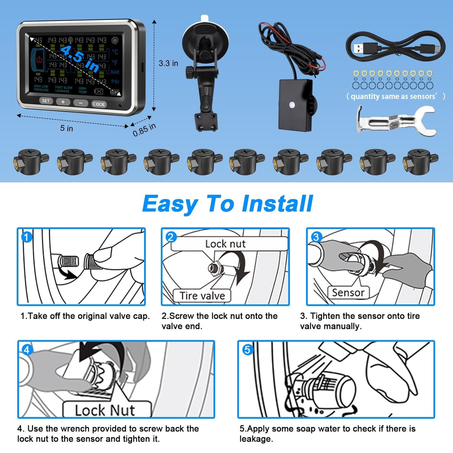 NLNE Trailer Tire Pressure Monitoring System 10 Sensors, 4.5" RV TPMS with Flow Through Sensor,6 Alerts Modes Monitor for Semi Truck/Camper/5th Wheel,Motorhome,Signal Booster,0-188PSI(4-22 Sensors)