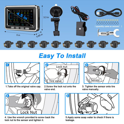 NLNE Trailer Tire Pressure Monitoring System 10 Sensors, 4.5" RV TPMS with Flow Through Sensor,6 Alerts Modes Monitor for Semi Truck/Camper/5th Wheel,Motorhome,Signal Booster,0-188PSI(4-22 Sensors)