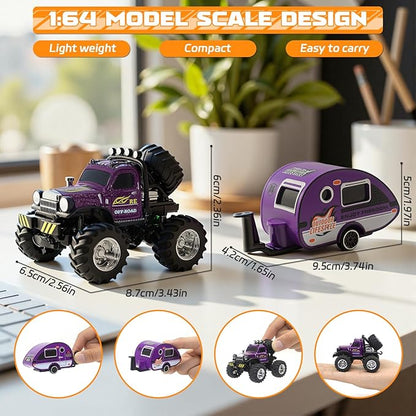 Snugzy Mini RC Car 1:64 Scale RC Truck for Kids with Trailer 2.4Ghz Remote Control Rechargeable RC Cars Toy Gifts for Boys Girls Adult (Purple)