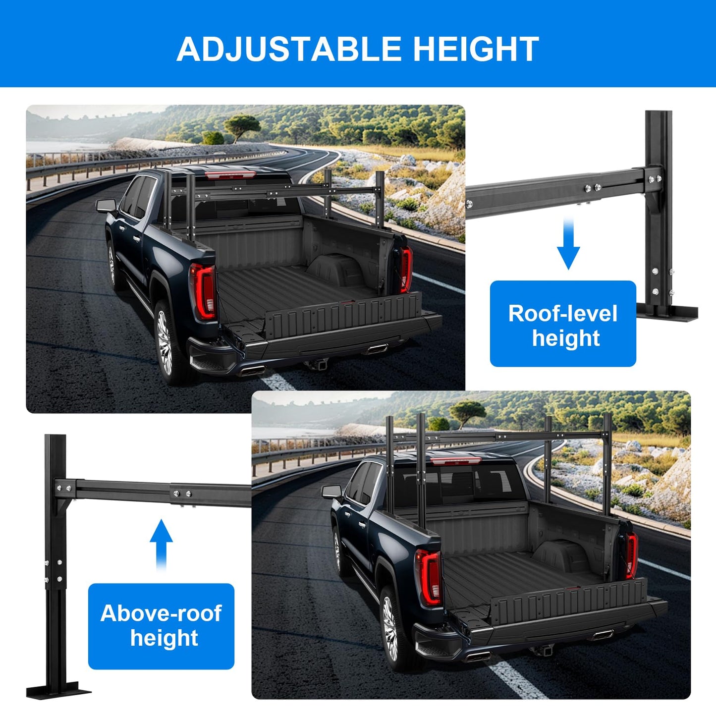 LMYYGOO Adjustable Truck Ladder Rack, Universal Trailer Rack - Width & Height Adjustable Aluminum Rack with 800LB Capacity & 2 Straps for Lumber, Ladders, Kayak