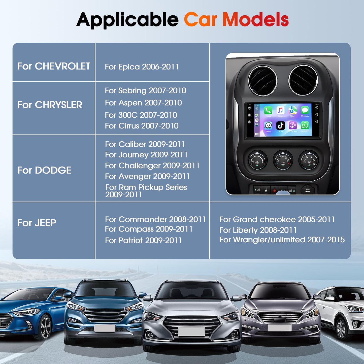 4+64G Car Stereo Radio for Jeep Wrangler JK Dodge Chevrolet RAM 1500 7" IPS Touch Screen Bluetooth Audio with CarPlay Android Auto GPS Navigation Mirror Link WiFi FM AM RDS Backup Camera MIC