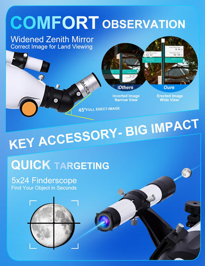 Uonol Telescope for Adults High Powered 90mm Aperture 800mm (32X-240X), Refractor Telescopes for Astronomy Beginners with AZ Mount Tripod, Phone Adapter, Carry Bag (80090white)