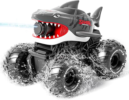 Gesture Sensing Amphibious Remote Control Gray Shark Monster Truck with Water Squirt 4WD 1:16 RC Car All-Terrain Waterproof RC Tank Pool Toy Outdoor Summer Gifts for Kids Age 6+（2 Replaceable battery)