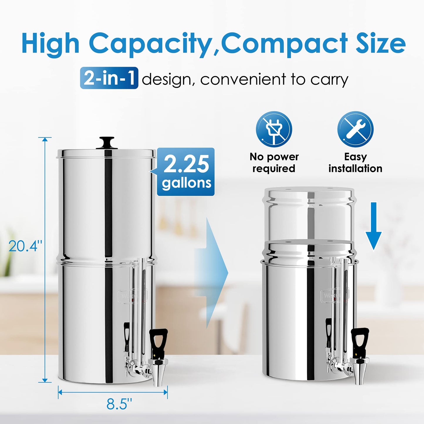 Waterdrop TK Gravity Water Filter System with Sight Glass Spigot, NSF/ANSI 42&372 Standard, PFAS, Chlorine and Lead Reduction, Stainless-Steel Water System for Home, Travel, Emergencies, 2.25G