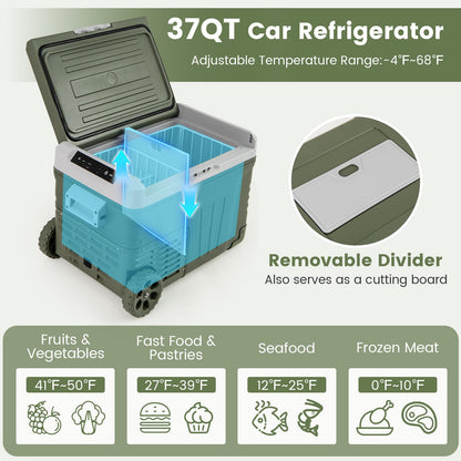 COSTWAY Car Refrigerator with Wheels, 37-Quart Electric Cooler, 12V/24V DC, 100-240V AC, -4°F To 68°F, Portable Car Fridge Freezer with Pull Handle & 2 Wheels for RV Camping, Black
