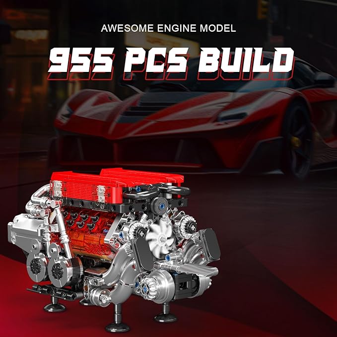 Mould King W16 Engine Model Kits - Build Your Own Supercar Engine Toy MOC Engineering Building Blocks Set That Run Twin V8 Engine Building Kits with Motor STEM Toy for Teen Adult(955 Pieces)
