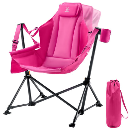 EVER ADVANCED Padded Oversized Hammock Camping Chair, Compact Heavy Duty Swing Chair with Multi-Storage Pockets, Portable Folding Rocking Camping Chair, Support Up to 400lbs, Pink