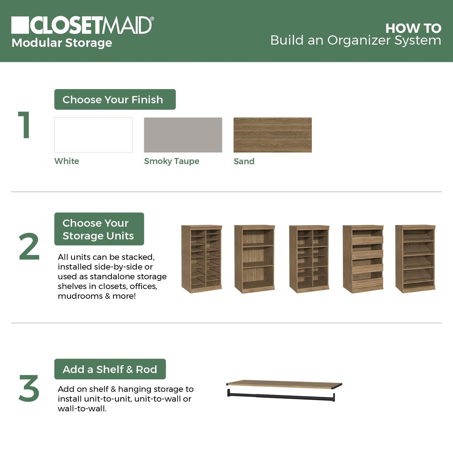 ClosetMaid Modular Storage Organizer Kit Includes; (1) 12-Shelf Unit with Dividers, (1) 3-Shelf Unit, and (1) Hang Rod Shelf Unit, Sand