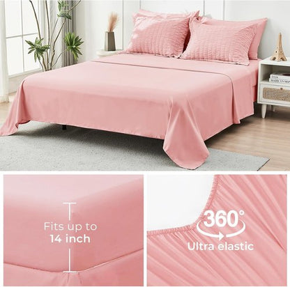 HYMOKEGE King Size Comforter Set - Luxury Rose Pink Seersucker 7-Piece Bedding Set with Sheets & Pillowcases