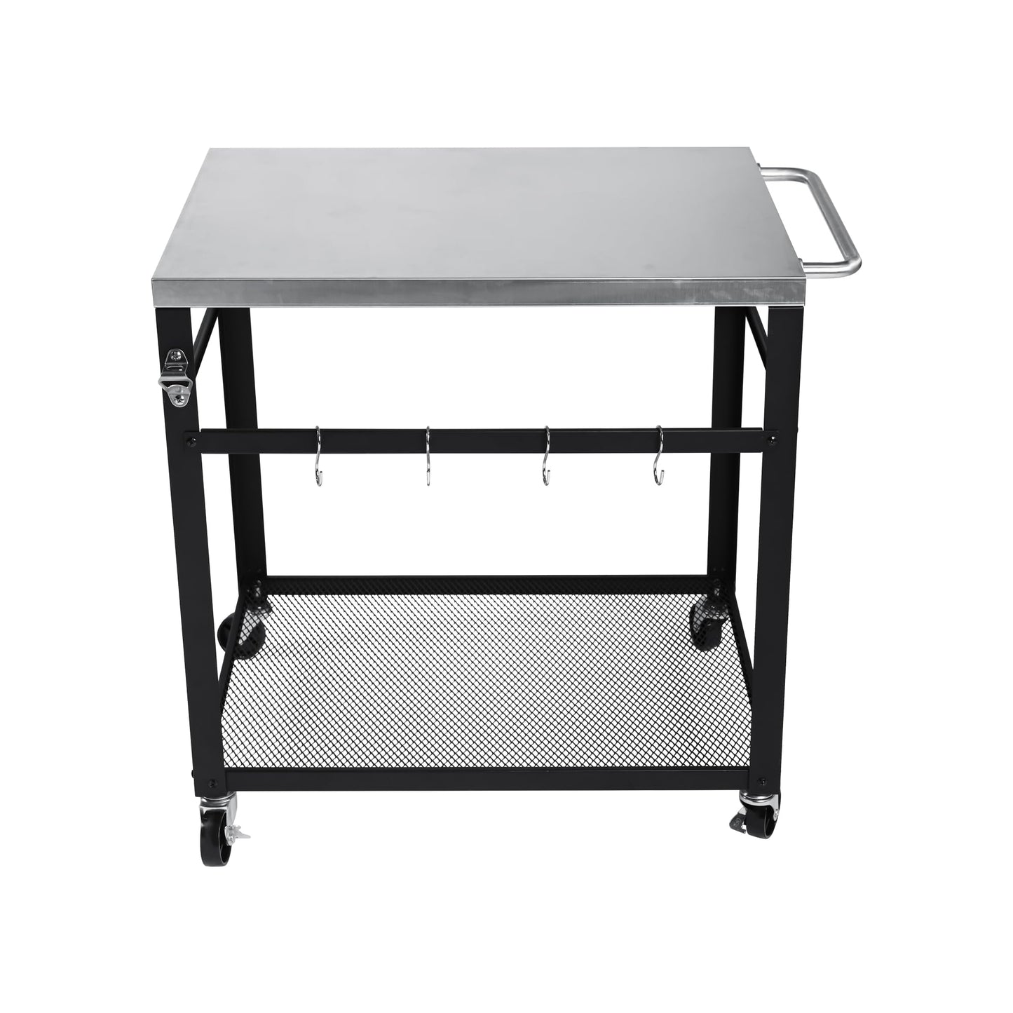 KEIKI 2-Tier Outdoor Grill Cart Table with 4 Wheels, Tool Hooks, Mesh Shelf, Movable BBQ Cooking Prep Table, Pizza Oven Table, Serving Bar Cart for Backyard, Indoor, Outside, Kitchen, Stainless Steel