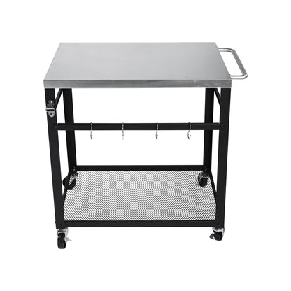 KEIKI 2-Tier Outdoor Grill Cart Table with 4 Wheels, Tool Hooks, Mesh Shelf, Movable BBQ Cooking Prep Table, Pizza Oven Table, Serving Bar Cart for Backyard, Indoor, Outside, Kitchen, Stainless Steel