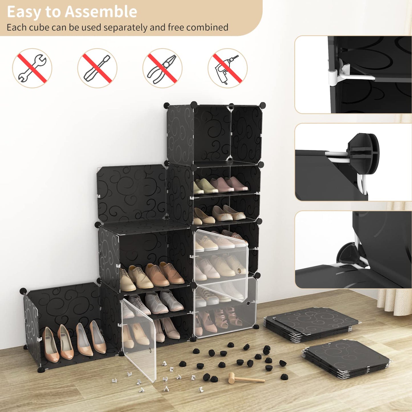 WEXCISE Portable Shoe Rack Organizer with Door, 80 Pairs Shoe Storage Cabinet Easy Assembly, Plastic Adjustable Shoe Storage Organizer Stackable Detachable Free Standing DIY Expandable 10 Tier Black