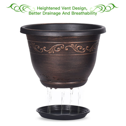 Plastic-Plant-Flower-Planters-12 Inch with Drainage Hole & Saucer, 3 Packs Lightweight Small Resin Flower Pot Indoor Outdoor, Retro Antique Imitation Decorative Garden Containers Sets for Houseplants