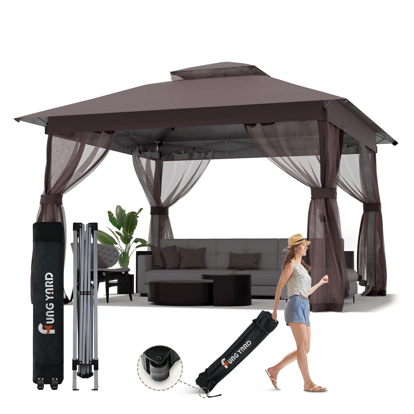 Pop Up Gazebo 11x11 - Outdoor Canopy Tent with Mosquito Netting & Wheeled Carry Bag, Double Roof Gazebos for Backyard Party Garden Wedding Camping (Brown, 11X11)
