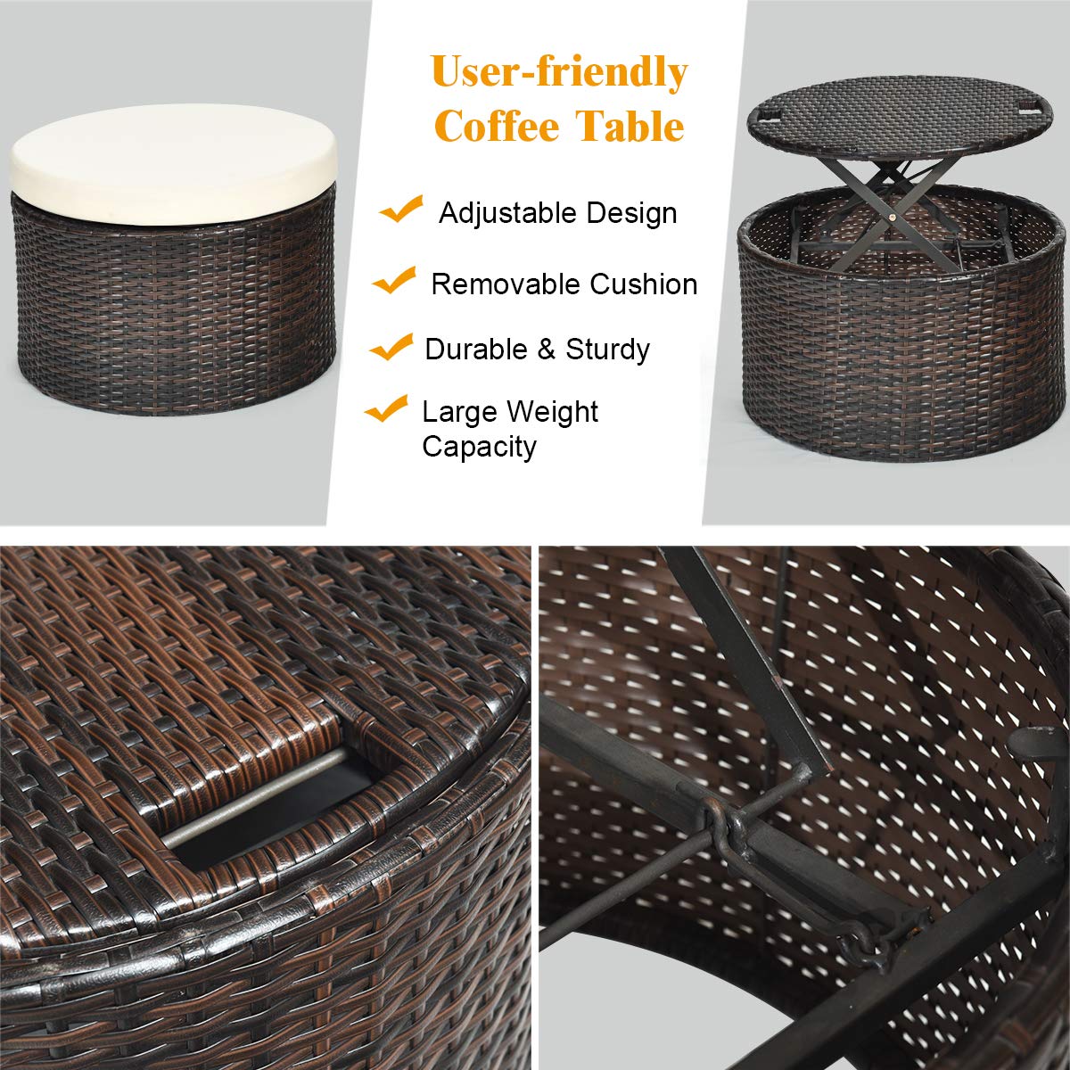 COSTWAY Patio Round Daybed with Retractable Canopy, Wicker Furniture Sectional Couch with Separate Cushioned Seats, Adjustable Table Top, Patio Rattan Daybed Sofa for Backyard, Poolside, White