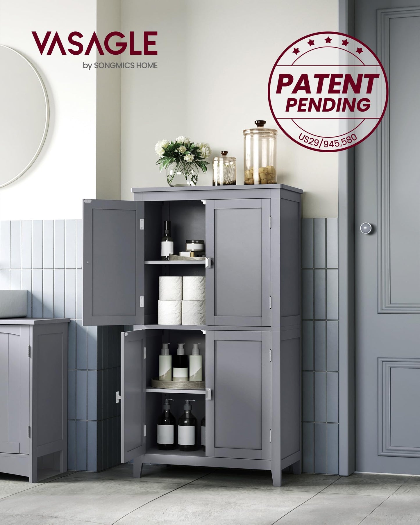 VASAGLE Floor Storage Cabinet, Freestanding Storage Unit with 4 Doors, Adjustable Shelves, 11.8 x 23.6 x 43.3 Inches, for Entryway, Bathroom, Dove Gray UBBC552P36V1